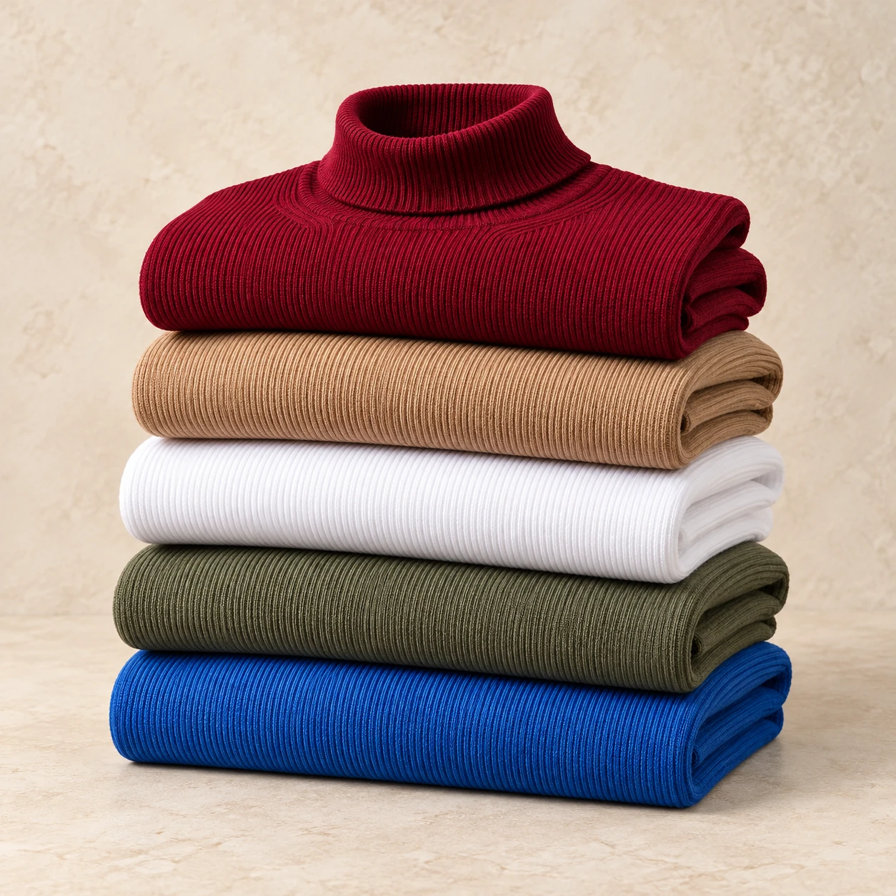 Üst üste dizilmiş bordo, camel, beyaz, haki ve mavi beş kazak